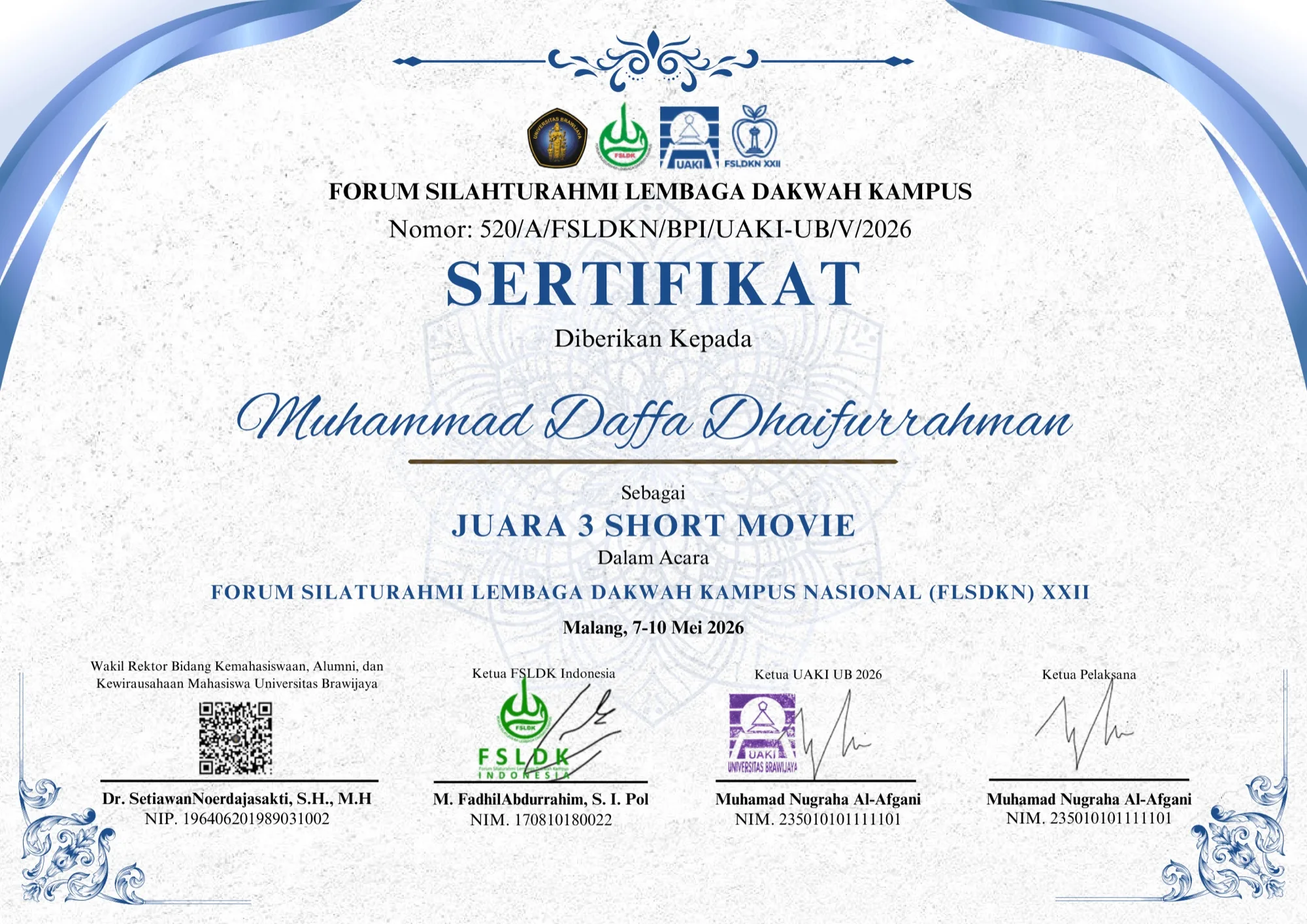 Certificate from FSLDKN XXII: 3rd place, Short Movie, Malang, 7–10 May 2026, awarded to Muhammad Daffa Dhaifurrahman