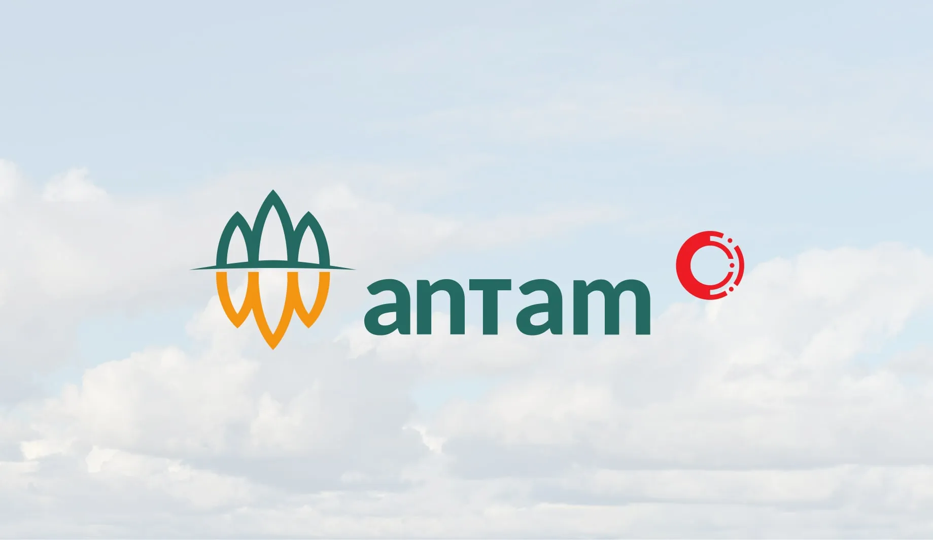 Title slide: the Antam logo, a green and orange emblem beside the word antam and a small red ring, on a pale sky with soft clouds.