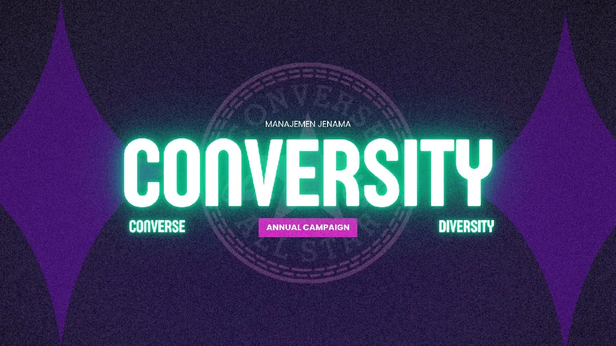 Title slide: CONVERSITY in white letters with a green glow over a faint Converse badge, on a dark purple background, with MANAJEMEN JENAMA above, CONVERSE and DIVERSITY at the sides and an ANNUAL CAMPAIGN label.