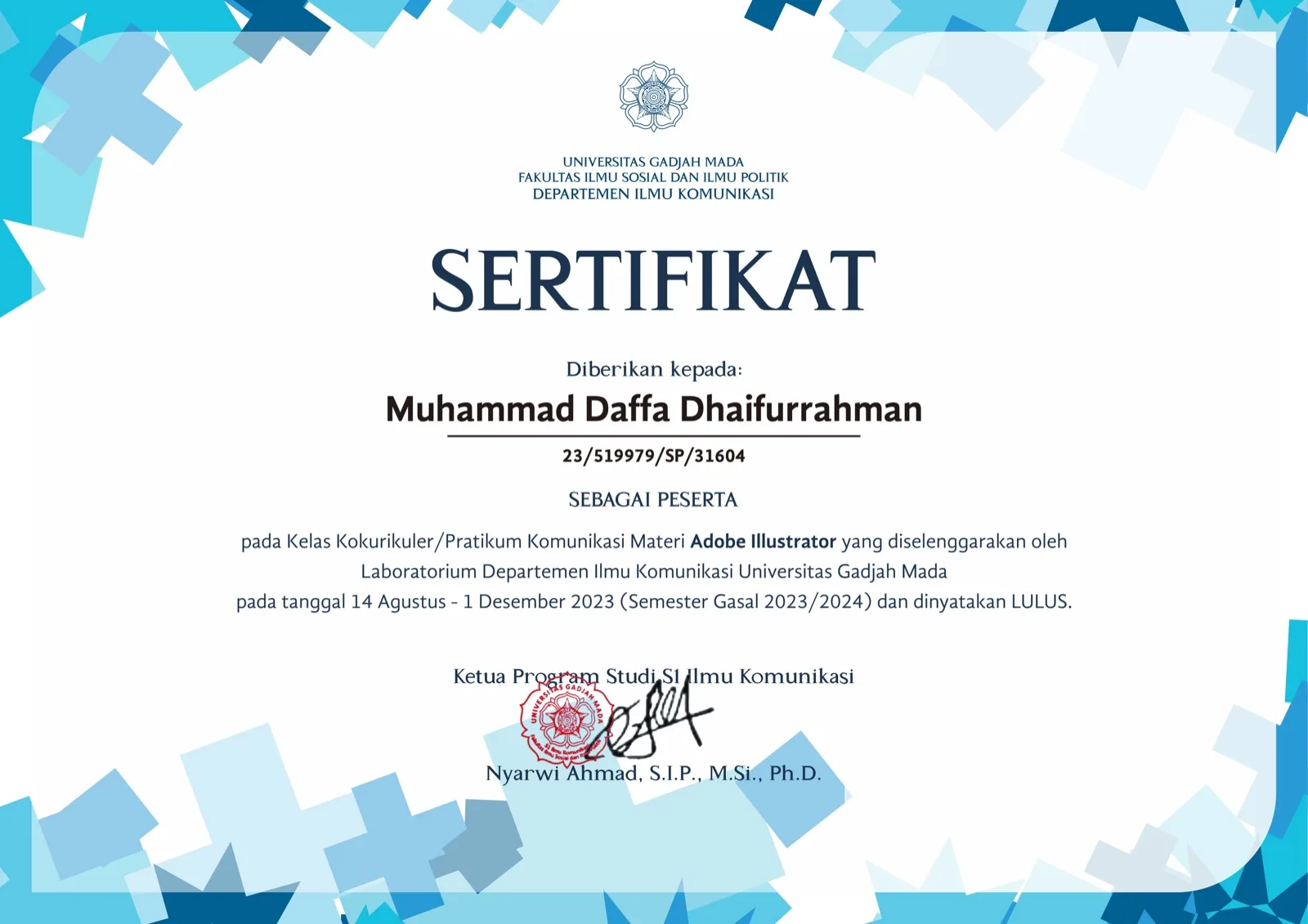 Adobe Illustrator certificate from Communication Studies UGM