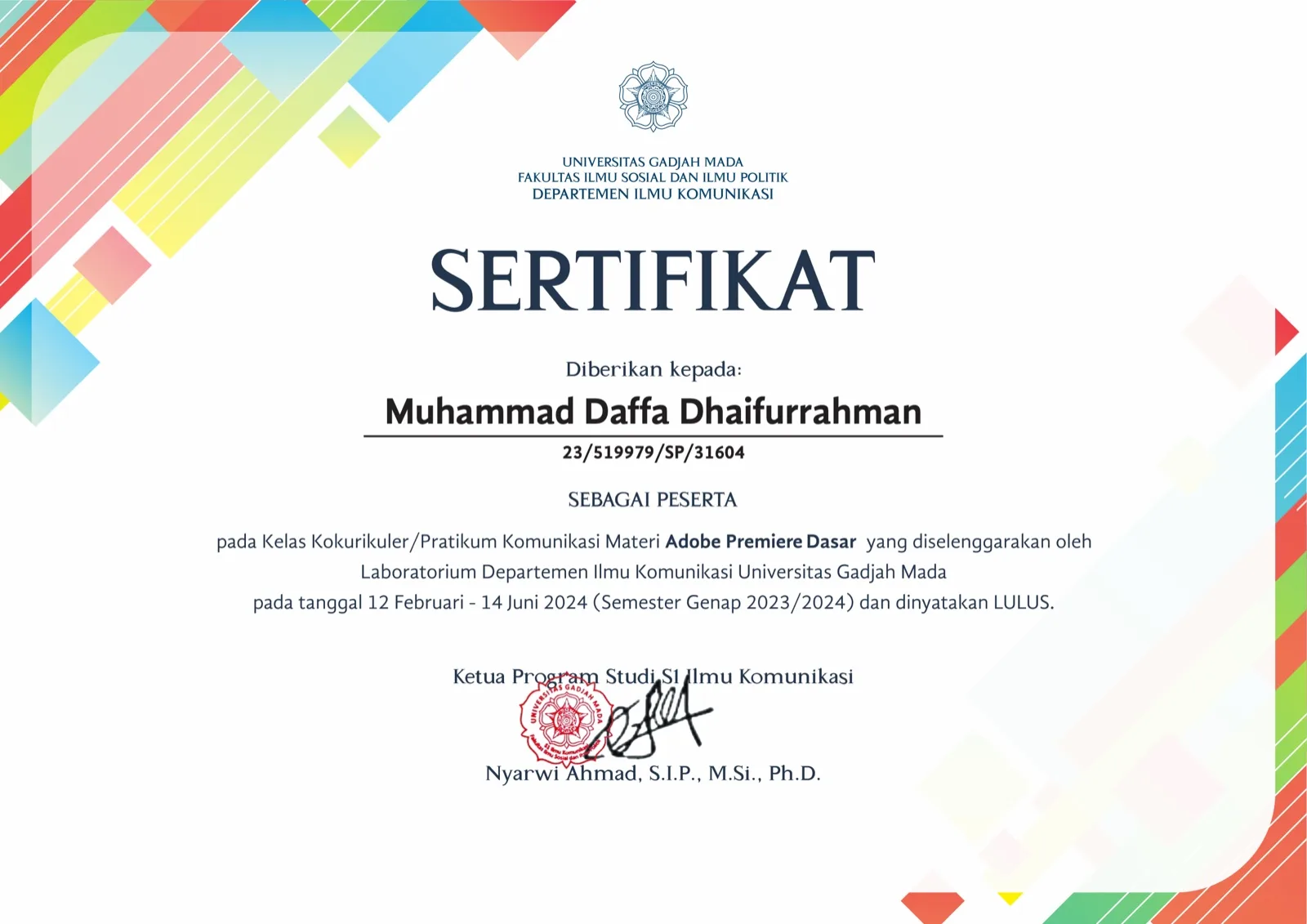 Adobe Premiere certificate from Communication Studies UGM