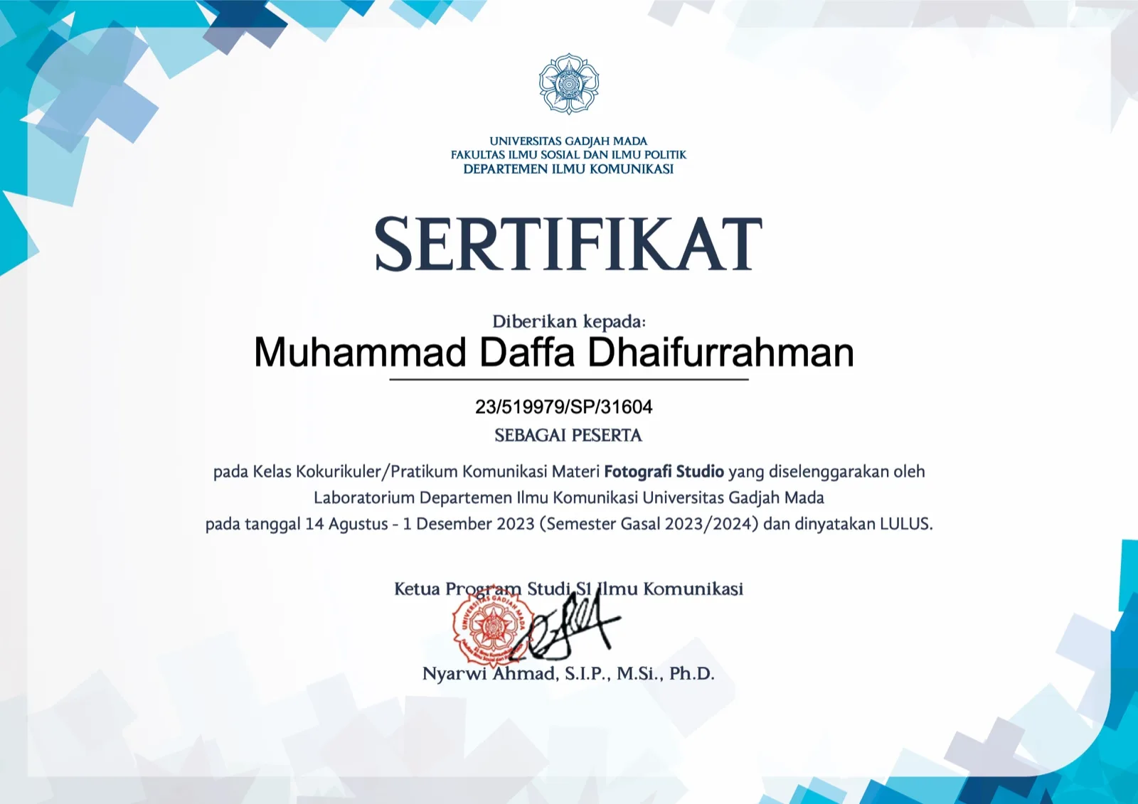 Studio Photography certificate from Communication Studies UGM